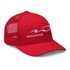 Whistler Blackcomb Trucker Hat from Mtns Co, featuring breathable mesh and official ski resort trail map logo.