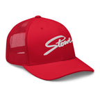 Stowe Trucker Hat from Mtns Co, official licensed ski resort apparel, red cap with mesh back and Trail Map Logo.
