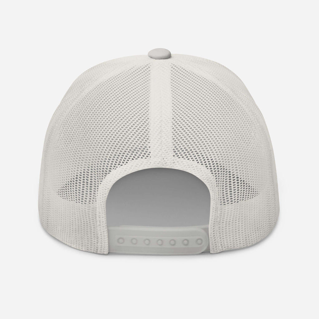 Stowe Trucker Hat back view showing mesh design and adjustable snap closure, Official licensed ski resort apparel Mtns Co.