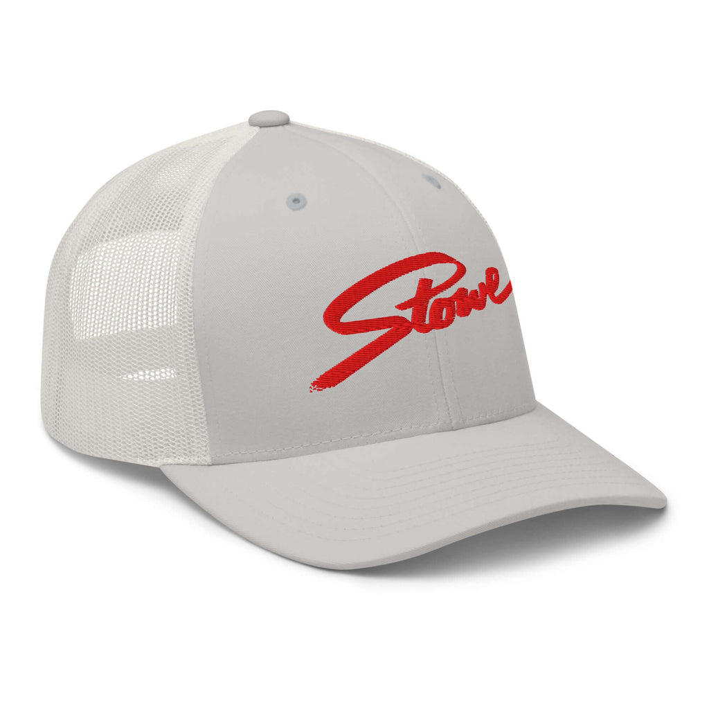 Stowe Trucker Hat by Mtns Co, Official licensed ski resort apparel with Trail Map Logo for sunny mountain adventures.
