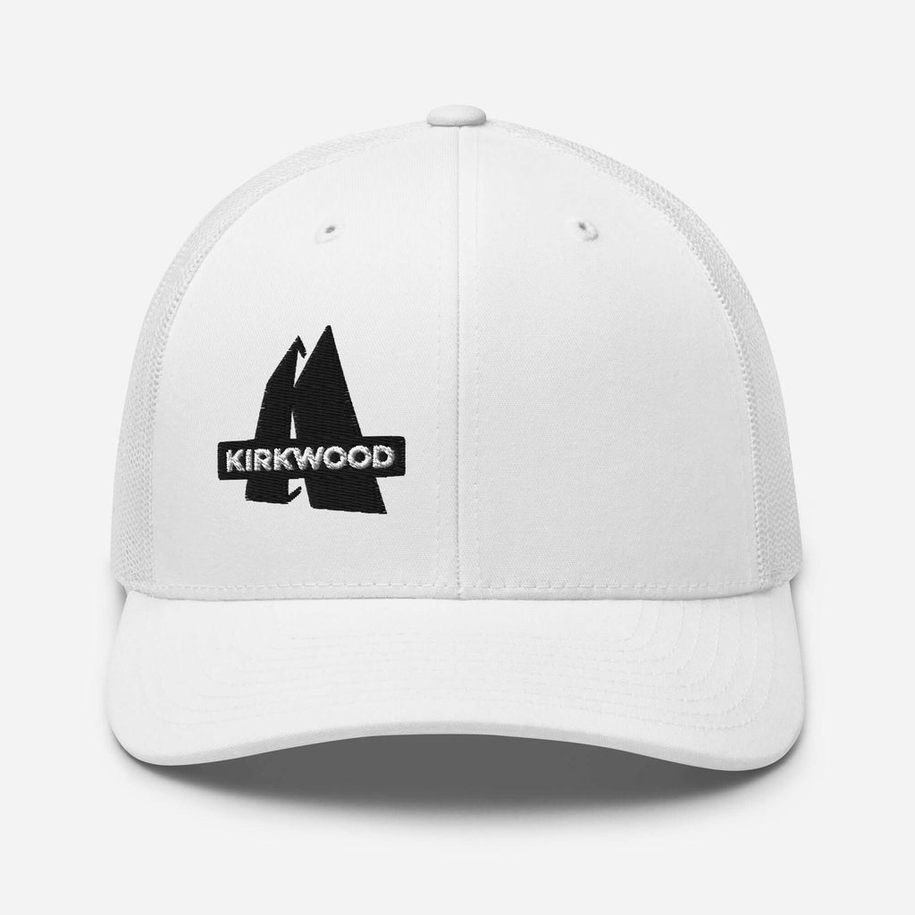 Kirkwood Trucker Hat by Mtns Co, official licensed ski resort apparel featuring trail map logo on a stylish white cap.
