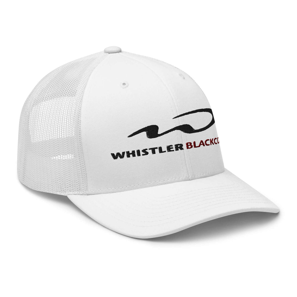 Whistler Blackcomb Trucker Hat from Mtns Co featuring a structured design and breathable mesh for warm weather.