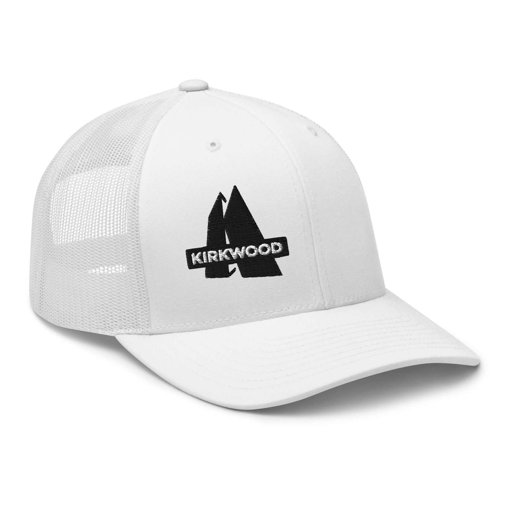 Kirkwood Trucker Hat with mesh back and Mtns Co Trail Map Logo, perfect for sunny adventures.