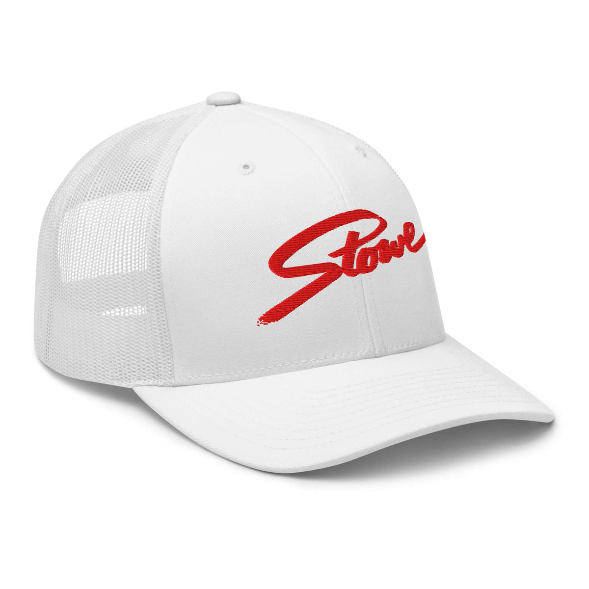 Stowe Trucker Hat, official licensed ski resort apparel from Mtns Co with a red Trail Map Logo on a white mesh hat.