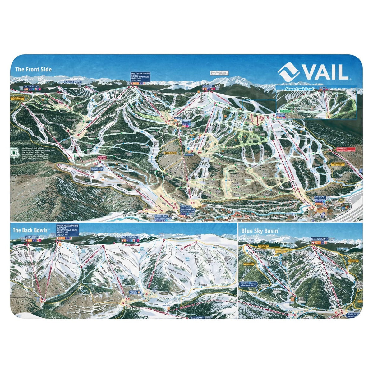 Vail Sherpa Blanket | Ski Resort Trail Map Throw Blanket featuring a detailed ski map of Vail's slopes and trails.