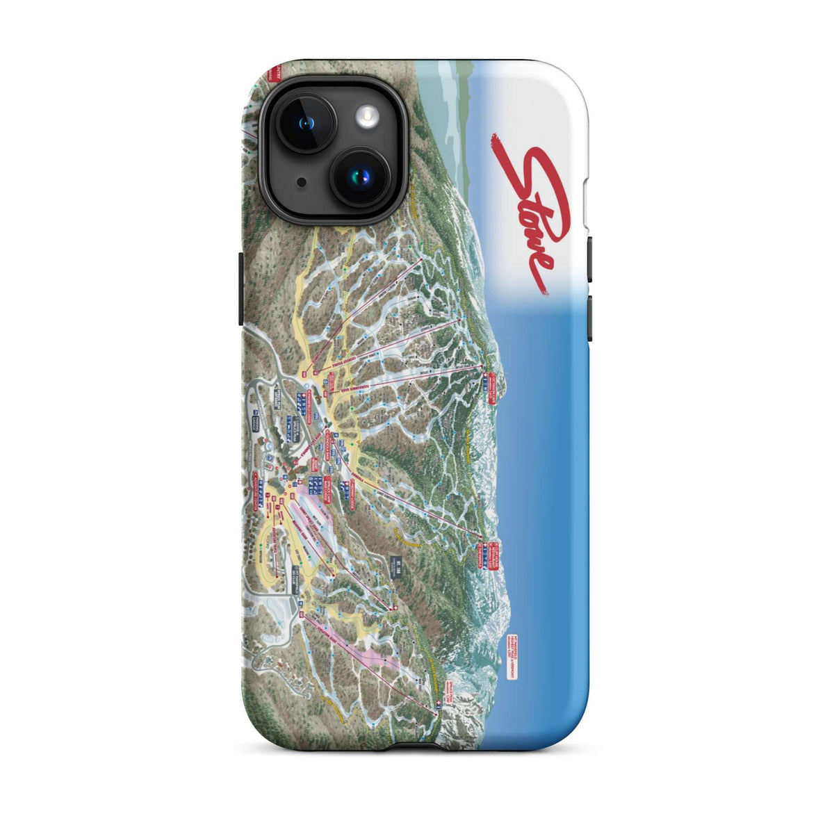 Stowe Trail Map Rugged iPhone Case featuring the actual Stowe trail map by Mtns Co, perfect for ski enthusiasts.