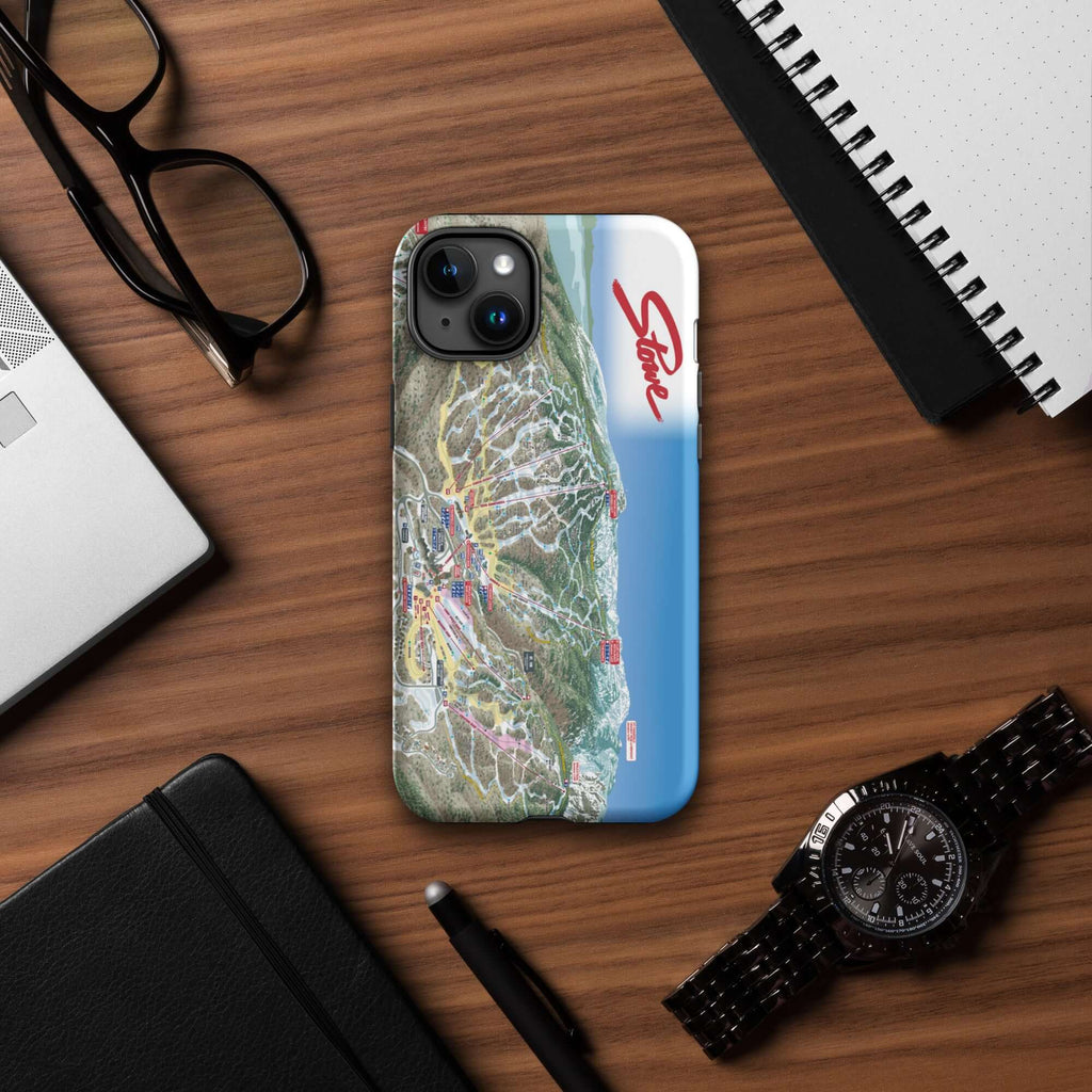 Stowe Trail Map Rugged iPhone Case by Mtns Co, featuring the official ski resort trail map design.