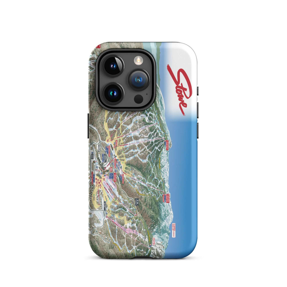 Stowe Trail Map Rugged iPhone Case featuring the official trail map and Mtns Co logo for ultimate protection.