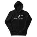 Park City Hoodie featuring Mtns Co Trail Map Logo, official licensed ski resort apparel in soft black fabric.