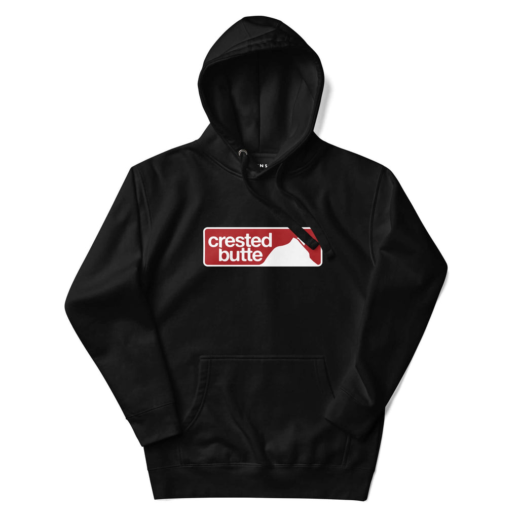 Crested Butte Hoodie featuring Mtns Co Trail Map Logo in black, official licensed ski resort apparel.