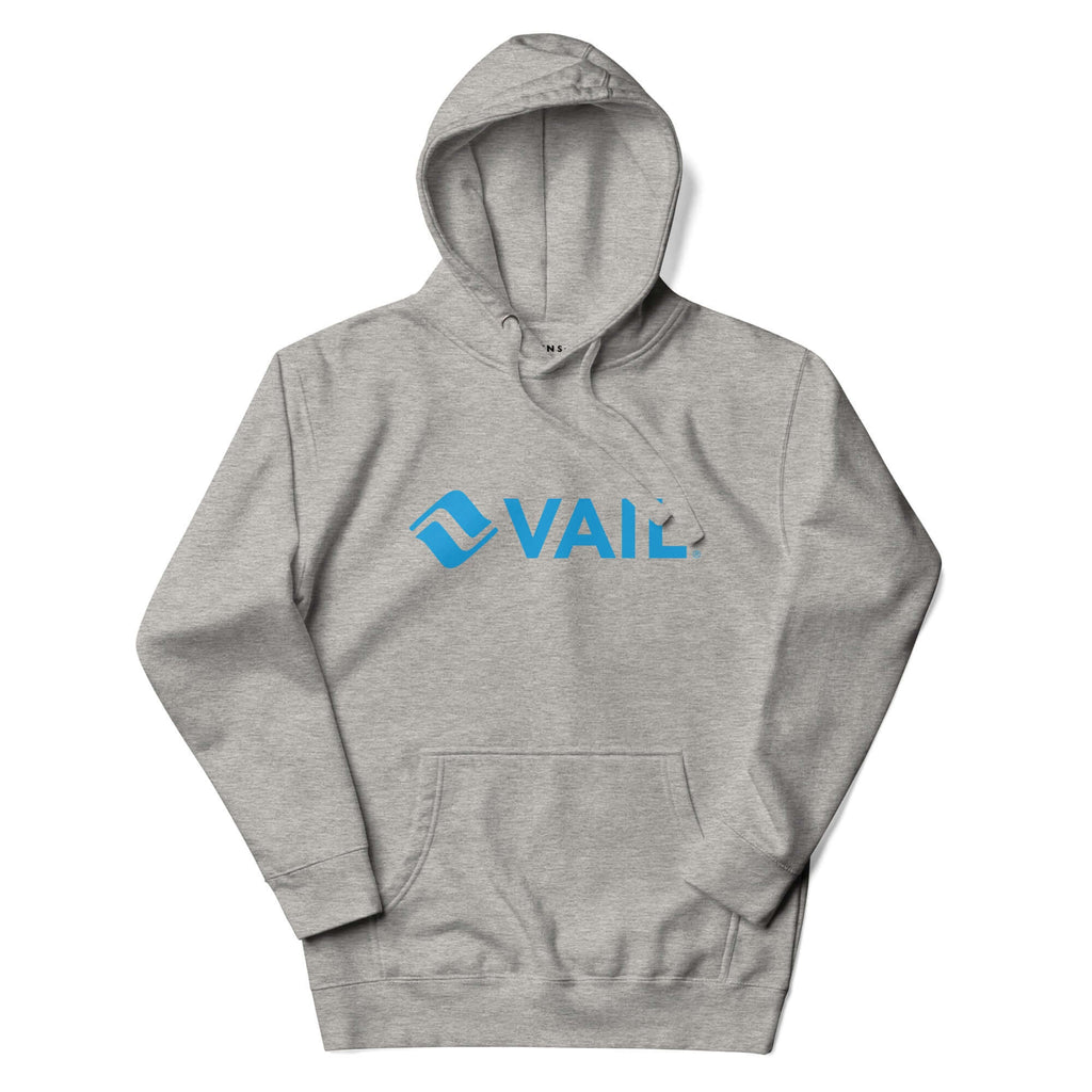 Vail Hoodie featuring Mtns Co logo, official licensed ski resort apparel in soft gray with blue VAIL text