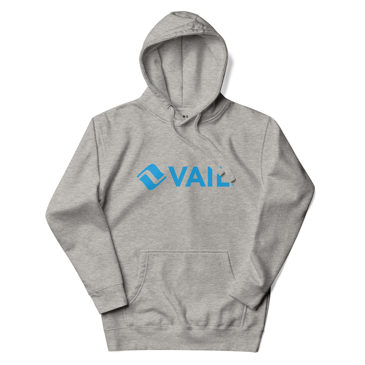 Vail Hoodie featuring Mtns Co logo, official licensed ski resort apparel in soft gray with blue VAIL text