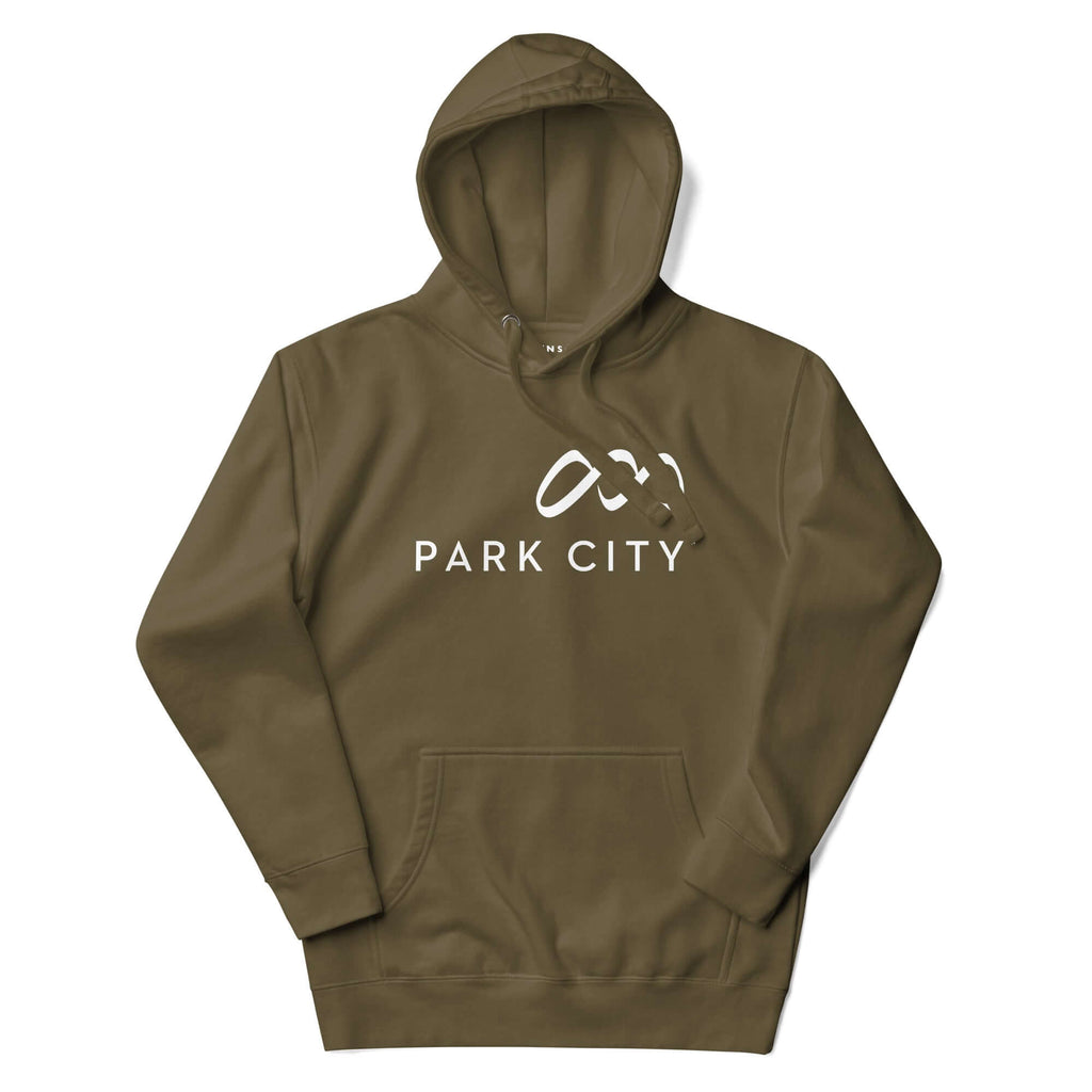 Park City Hoodie in olive green featuring Mtns Co logo, perfect for winter adventures and après-ski relaxation.