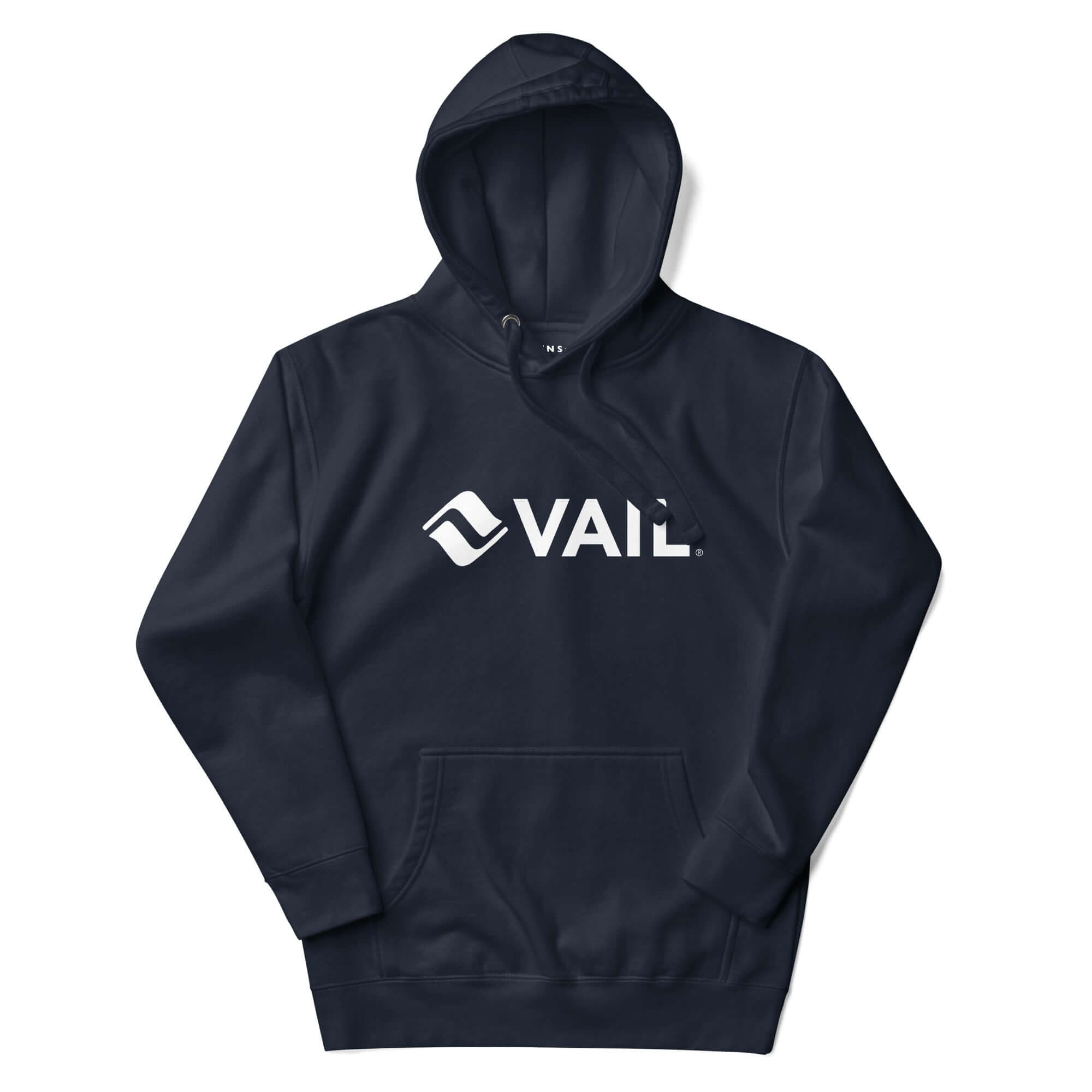 Vail Hoodie from Mtns Co featuring official licensed ski resort apparel design with Vail logo on a navy background.