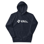 Vail Hoodie from Mtns Co featuring official licensed ski resort apparel design with Vail logo on a navy background.