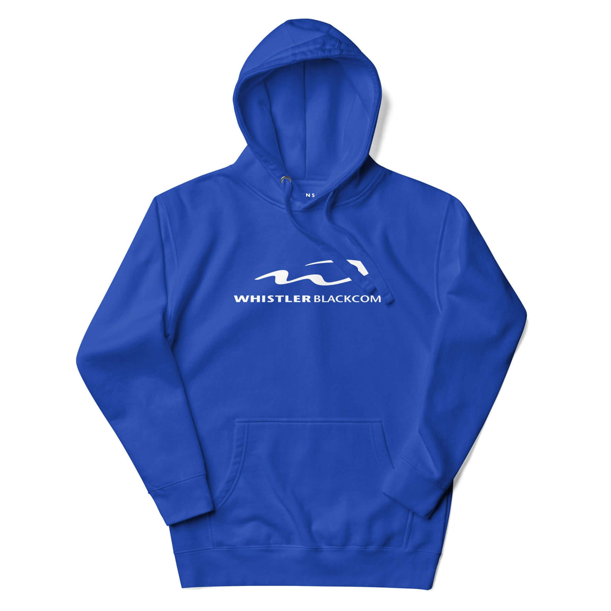 Whistler Hoodie by Mtns Co, featuring the official Whistler Blackcomb logo on a bright blue background.