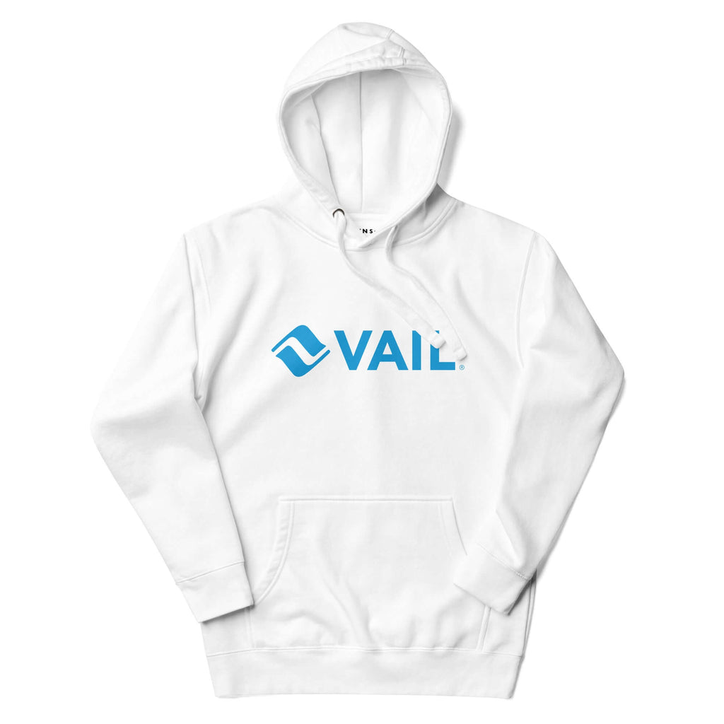 Vail Hoodie featuring Mtns Co Trail Map Logo in blue on a white background, perfect for winter adventures.