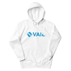 Vail Hoodie featuring Mtns Co Trail Map Logo in blue on a white background, perfect for winter adventures.