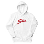 Mtns Co Stowe Hoodie with vibrant red logo, perfect for adventurers and outdoor enthusiasts in winter.