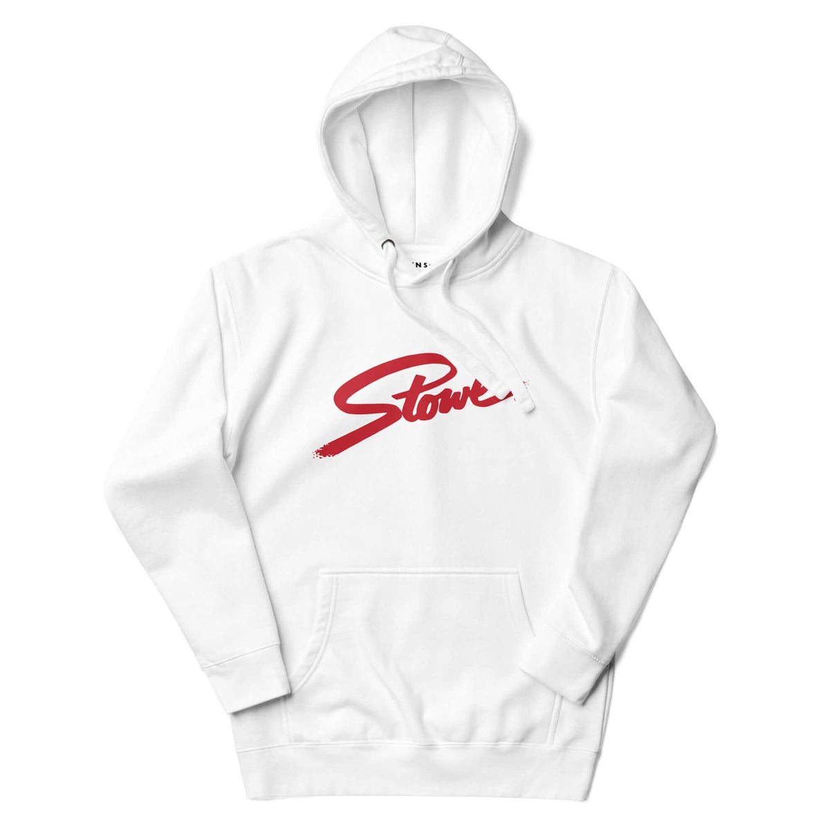 Mtns Co Stowe Hoodie with vibrant red logo, perfect for adventurers and outdoor enthusiasts in winter.
