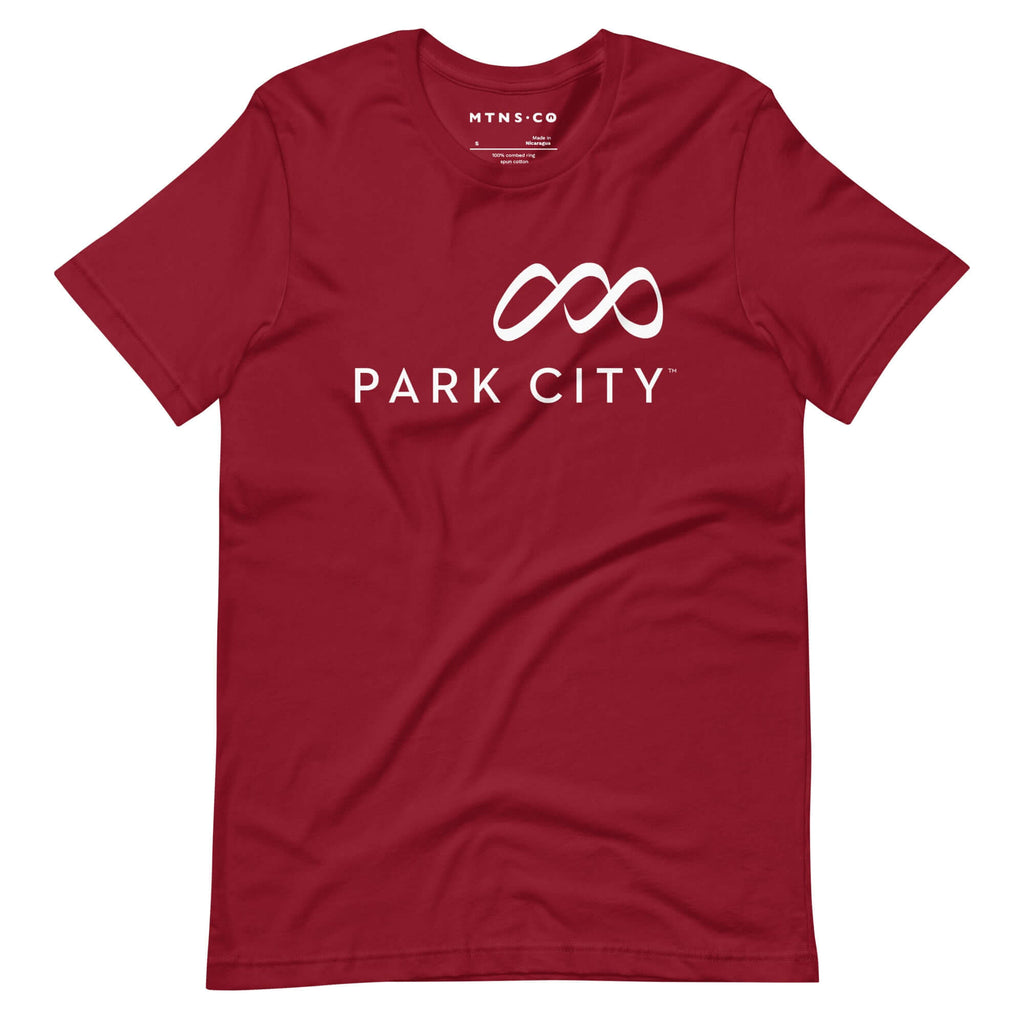Park City T-Shirt by Mtns Co, official licensed ski resort apparel with a bold trail map logo on a maroon tee.