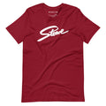 Stowe T-Shirt by Mtns Co, official licensed ski resort apparel featuring iconic Stowe logo on a premium red tee.