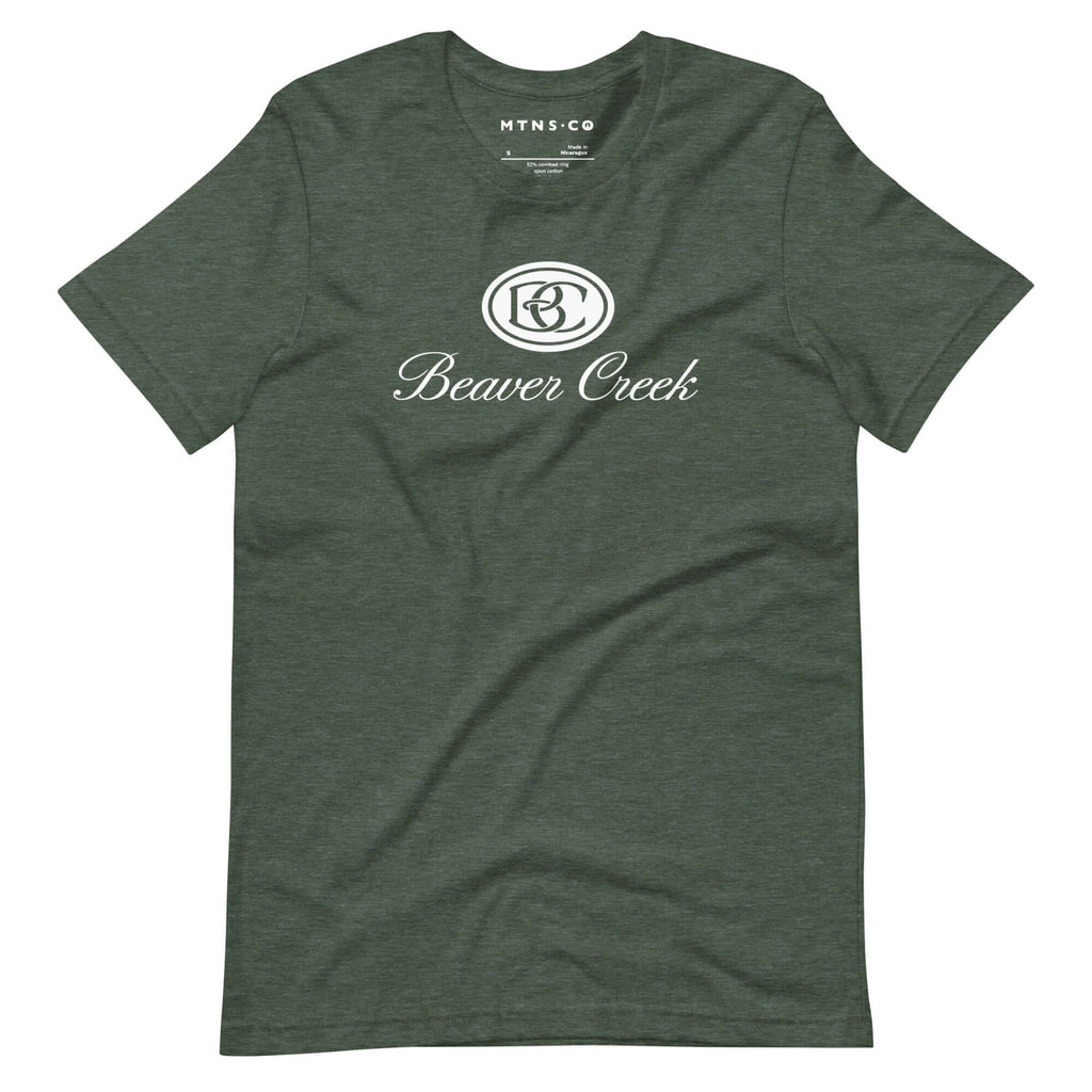 Beaver Creek T-Shirt from Mtns Co featuring the official Beaver Creek Ski Resort logo on a green background.