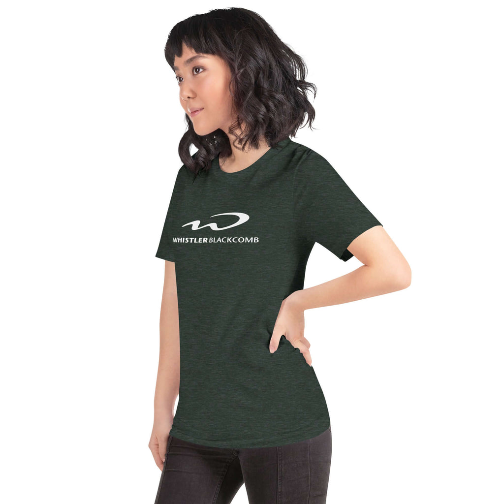 Whistler Blackcomb T-Shirt worn by a woman, featuring Mtns Co Trail Map Logo and official ski resort logo.