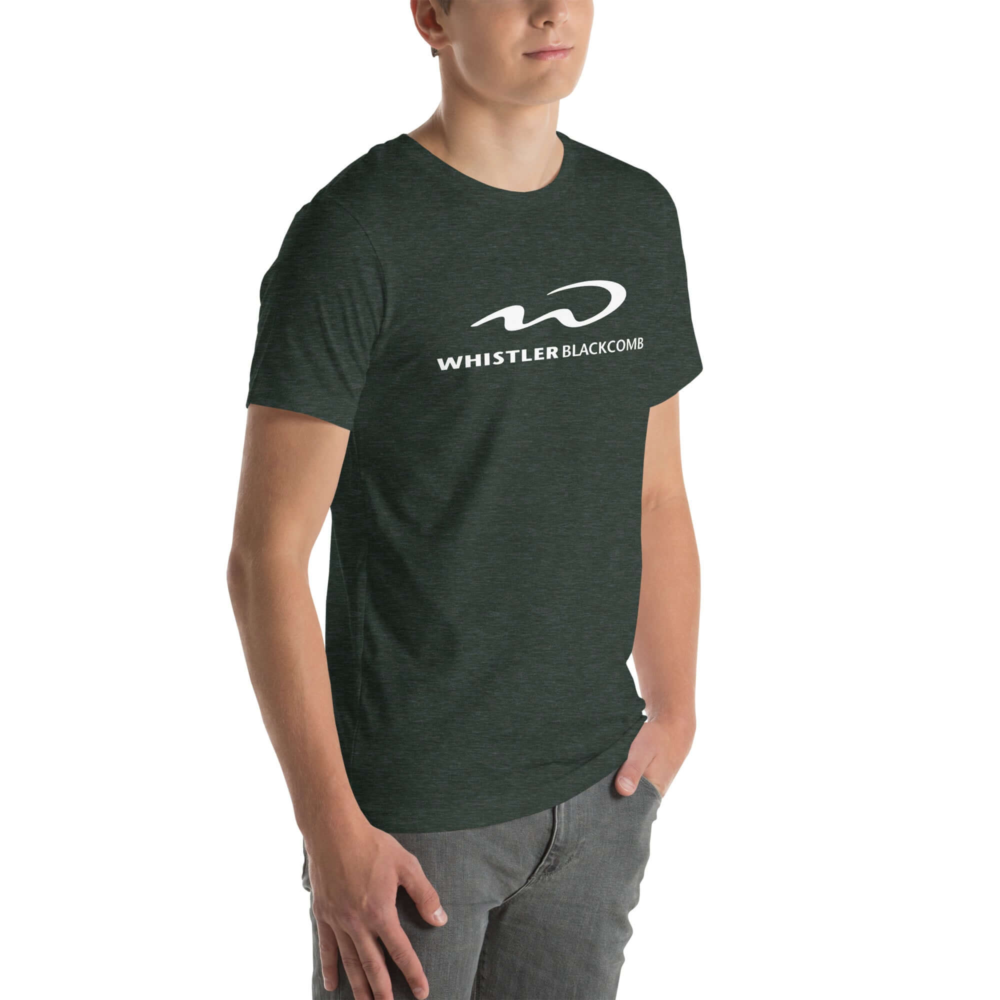 Whistler Blackcomb T-Shirt worn by a model, showcasing Mtns Co Trail Map Logo and official resort apparel.
