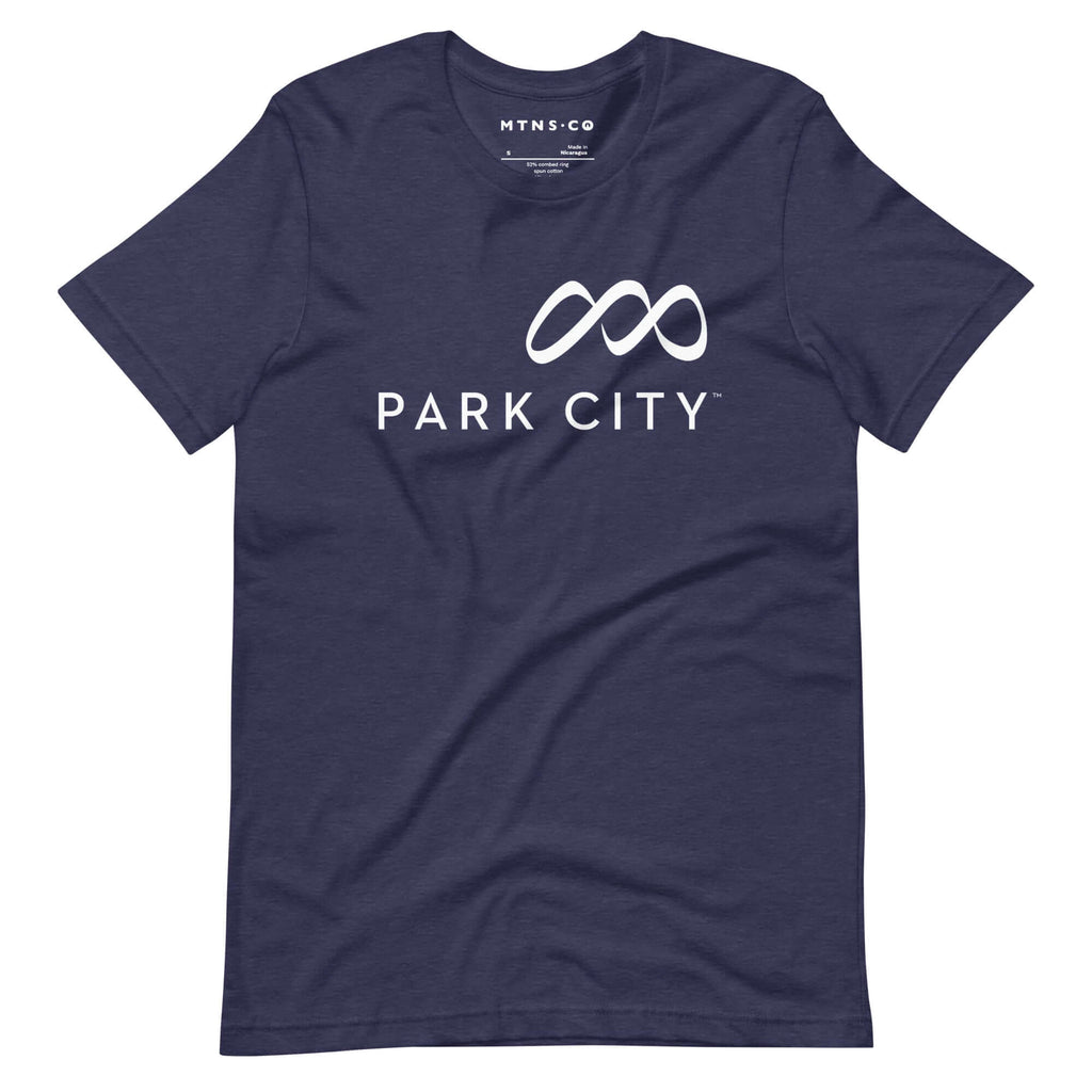 Park City T-Shirt by Mtns Co featuring official trail map logo on a navy background.