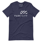 Park City T-Shirt by Mtns Co featuring official trail map logo on a navy background.