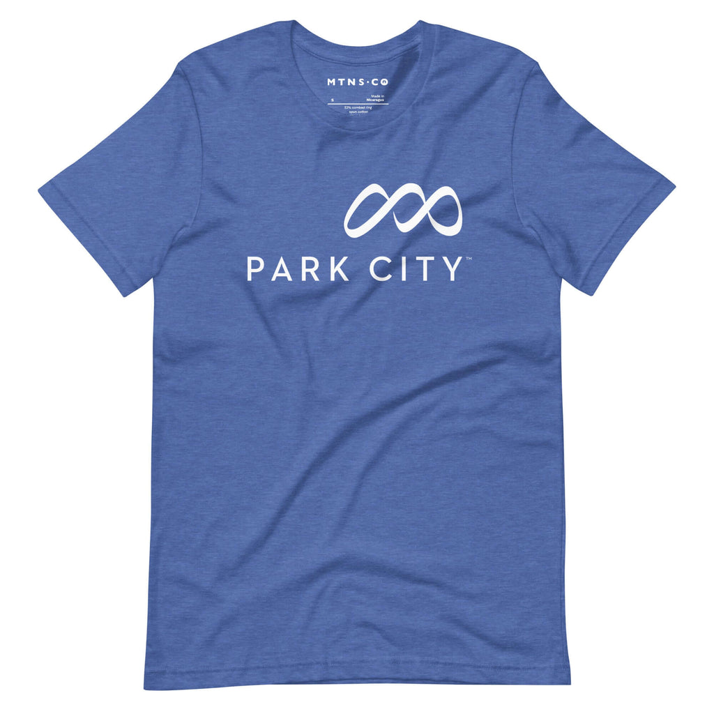 Park City T-Shirt featuring Mtns Co Trail Map Logo in blue fabric, official licensed ski resort apparel.