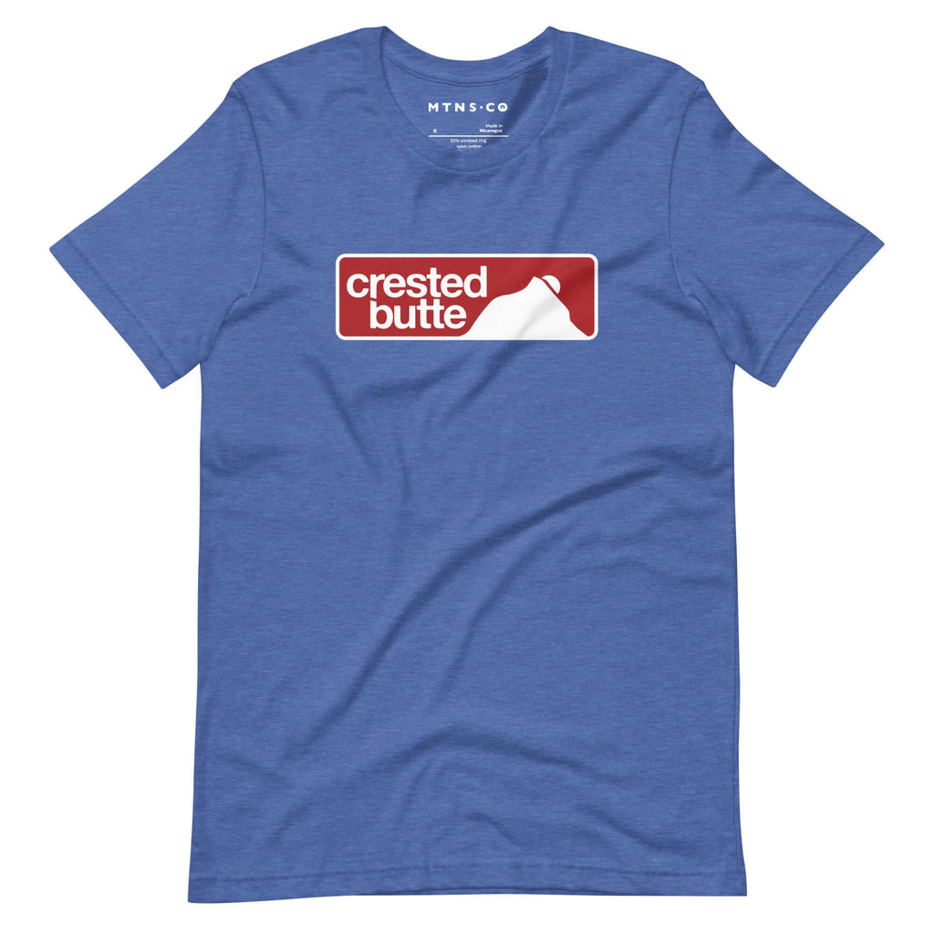 Crested Butte T-Shirt featuring Mtns Co logo in athletic blue, premium unisex ski resort apparel.