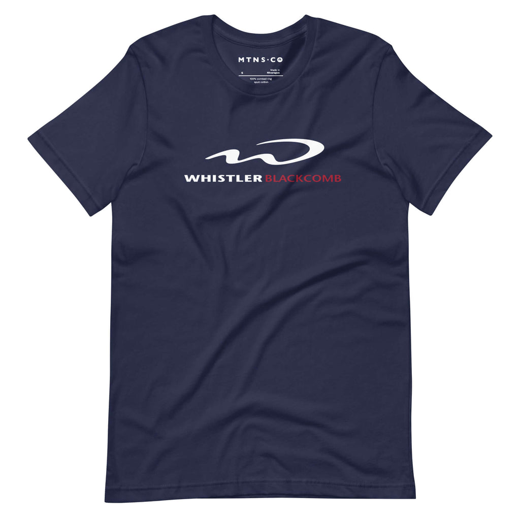 Whistler Blackcomb T-Shirt featuring Mtns Co logo, official licensed ski resort apparel in navy blue.