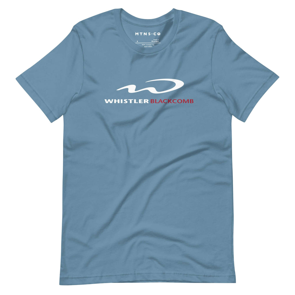 Whistler Blackcomb T-Shirt from Mtns Co, featuring the official ski resort logo on a soft blue fabric.