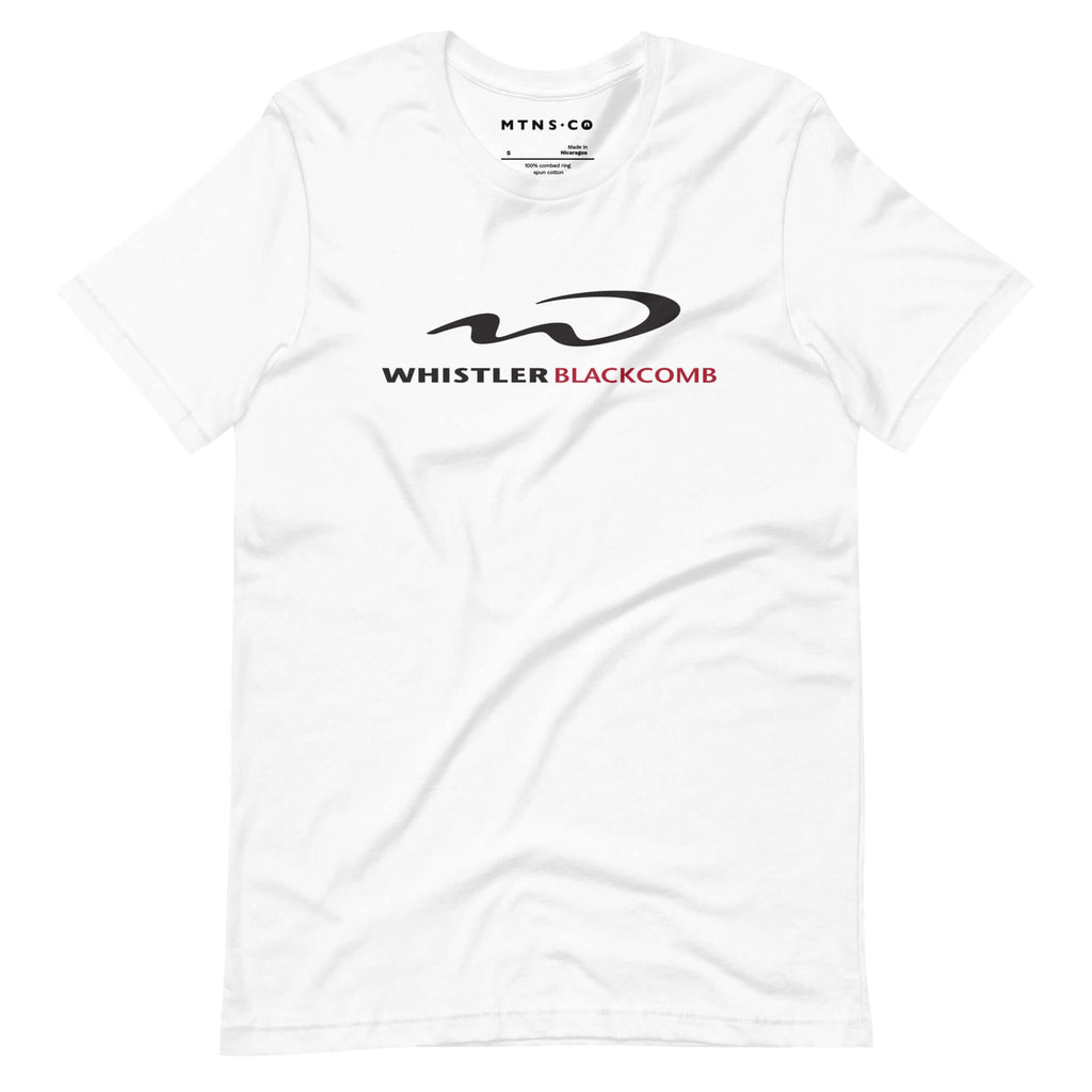 Whistler Blackcomb T-Shirt featuring Mtns Co logo, premium white cotton fabric, official licensed ski resort apparel.