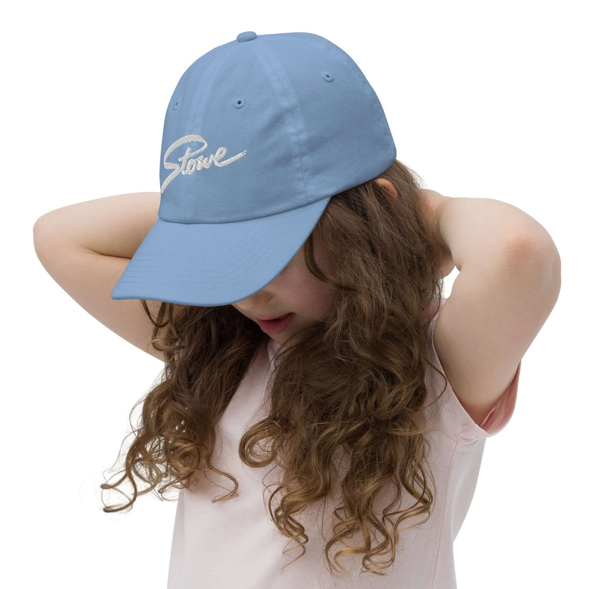 Stowe Youth Baseball Cap in blue, showcasing Mtns Co Trail Map Logo, perfect official licensed ski resort apparel for kids.