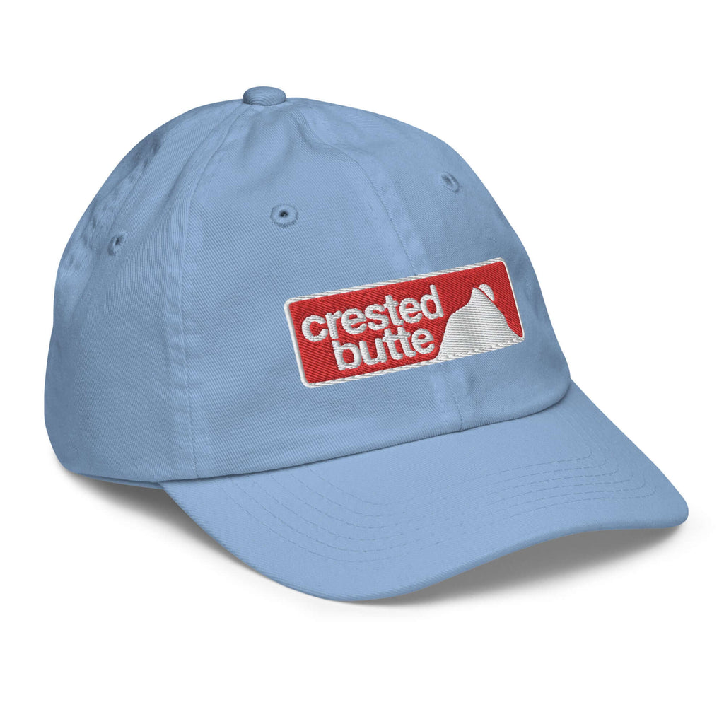 Crested Butte Youth Baseball Cap by Mtns Co, official licensed ski resort apparel with trail map logo and adjustable fit.