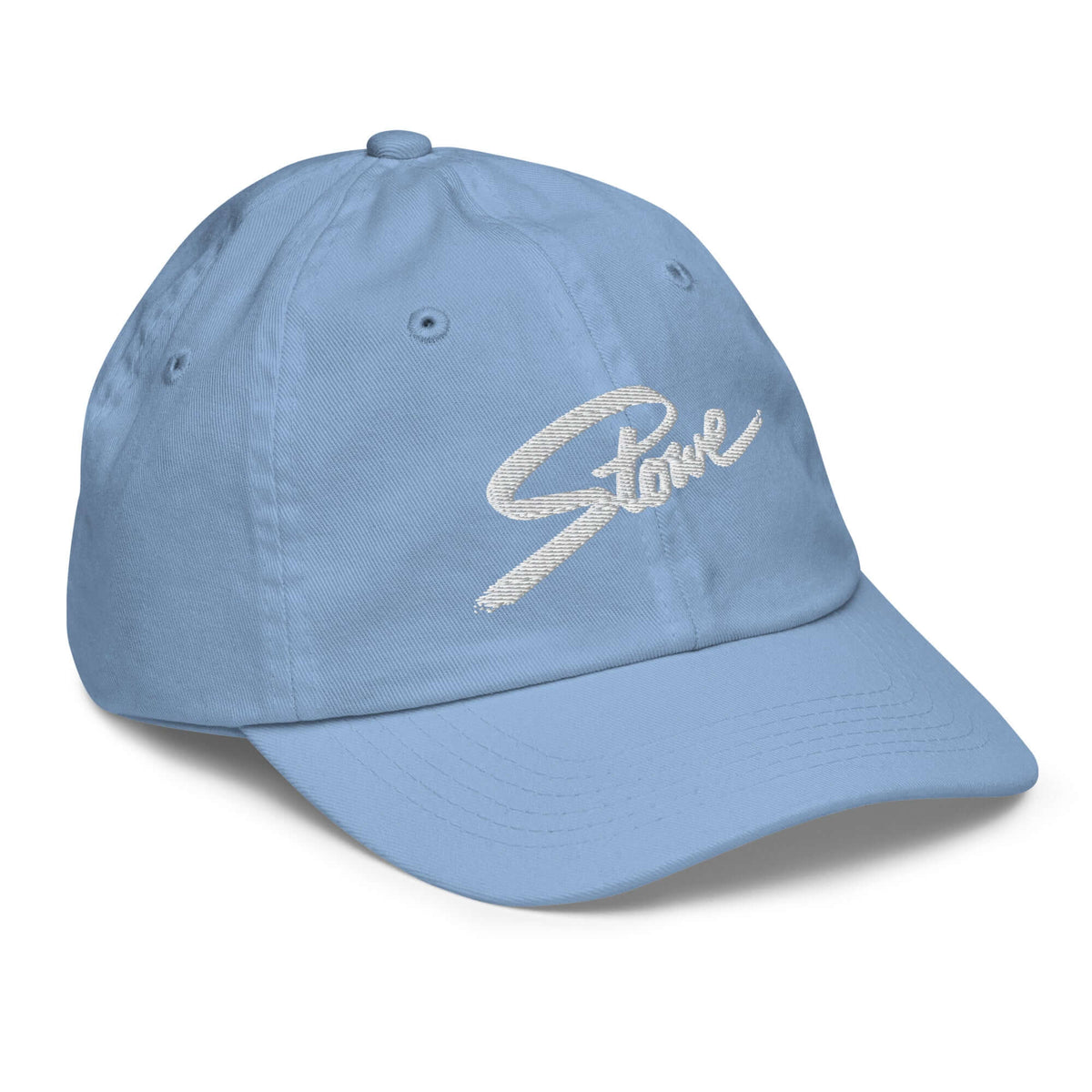 Stowe Youth Baseball Cap in light blue by Mtns Co, featuring official ski resort logo for stylish youth outdoor wear.