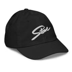 Stowe Youth Baseball Cap featuring classic unstructured design, breathable cotton, Mtns Co Trail Map Logo for official licensed ski resort apparel.