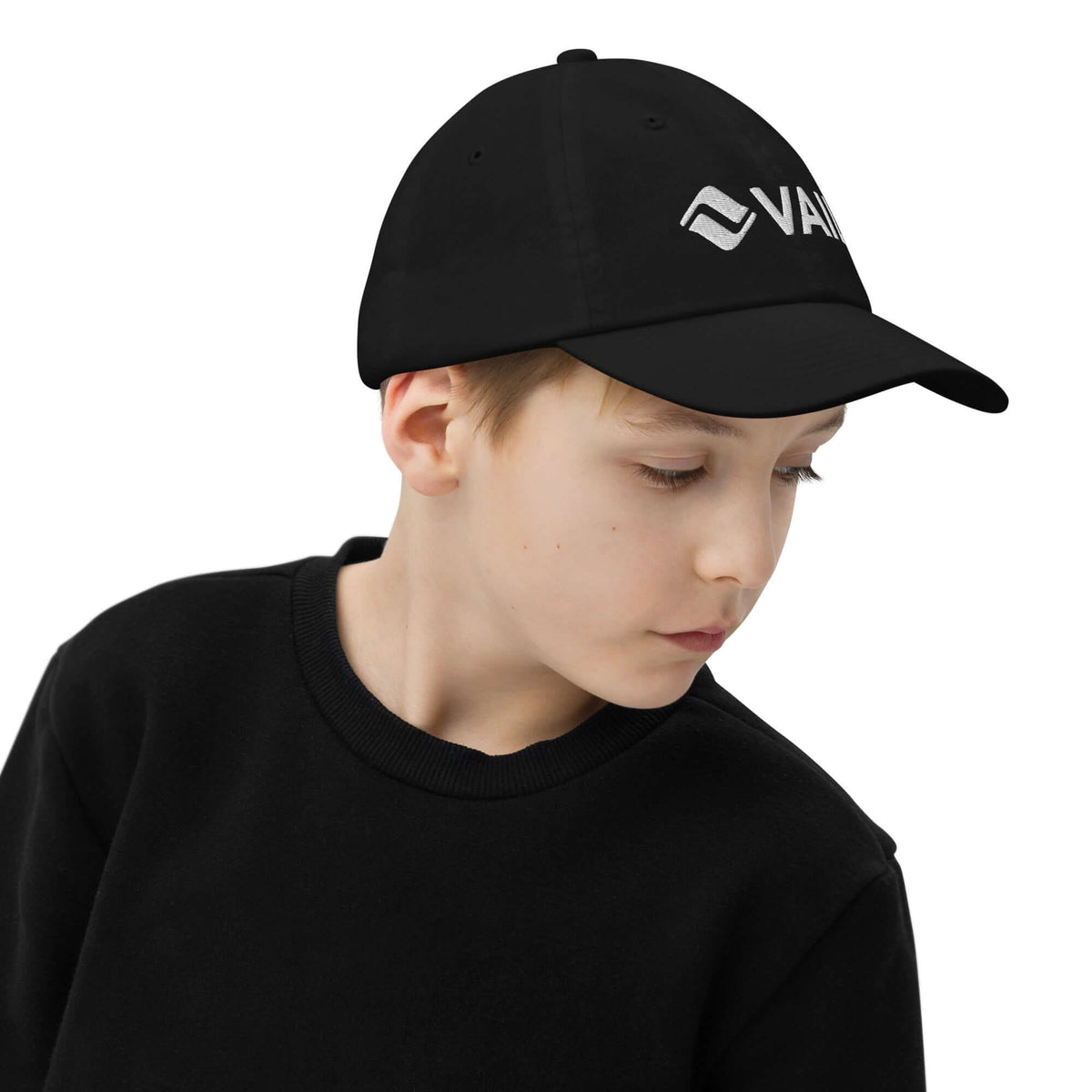 Vail Youth Baseball Cap worn by a child, showcasing Mtns Co official licensed ski resort apparel