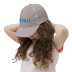 Vail Youth Baseball Cap worn by a child, featuring Mtns Co Trail Map Logo in blue on a soft gray cap.