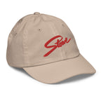Stowe Youth Baseball Cap featuring Mtns Co Trail Map Logo, breathable, adjustable, official licensed ski resort apparel.