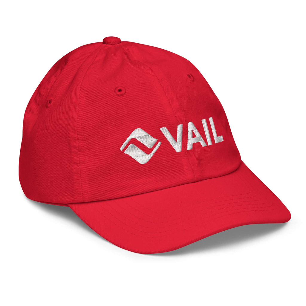 Vail Youth Baseball Cap in red with embroidered logo, official licensed ski resort apparel by Mtns Co.