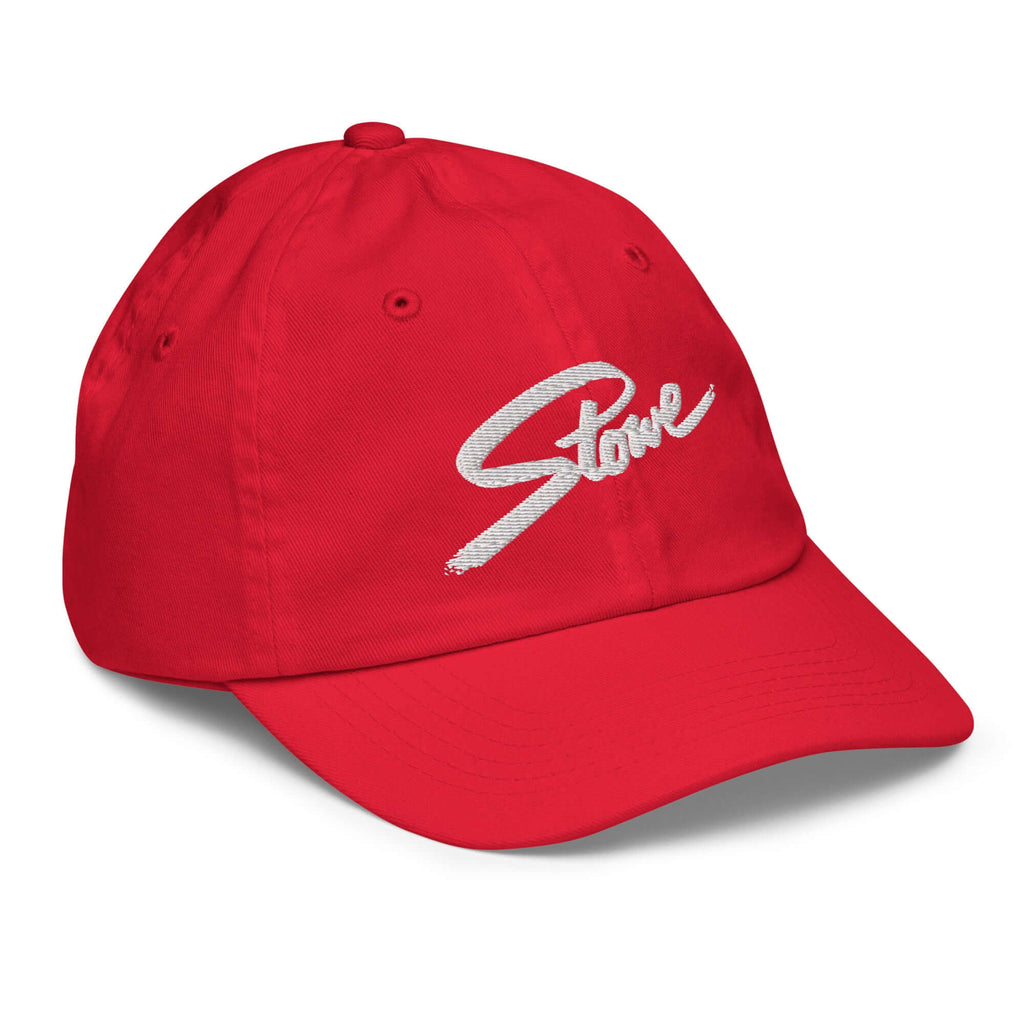 Stowe Youth Baseball Cap in red featuring embroidered logo, part of Mtns Co official licensed ski resort apparel.