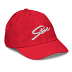 Stowe Youth Baseball Cap in red featuring embroidered logo, part of Mtns Co official licensed ski resort apparel.