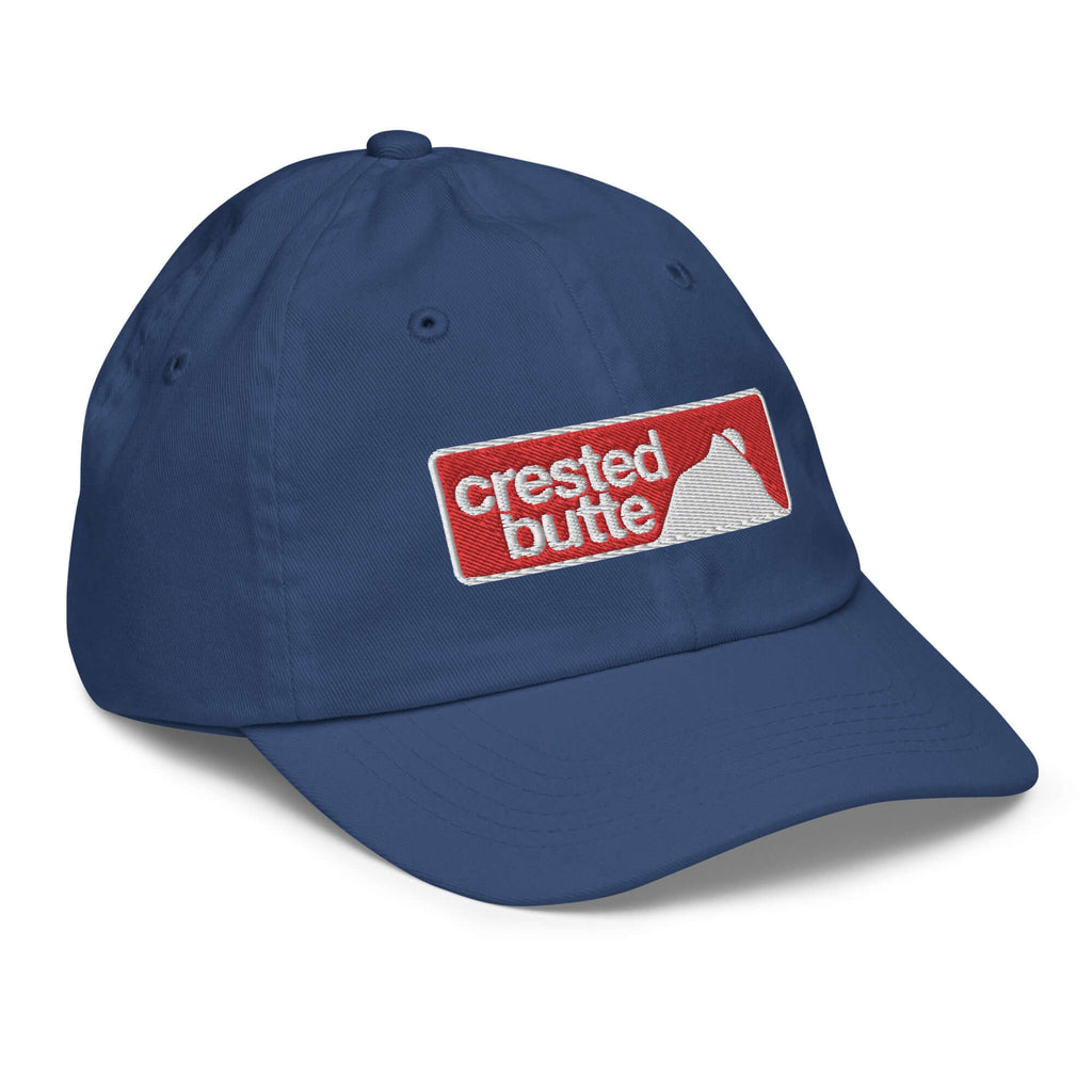 Crested Butte Youth Baseball Cap featuring Mtns Co Trail Map Logo, breathable design for kids with adjustable fit.