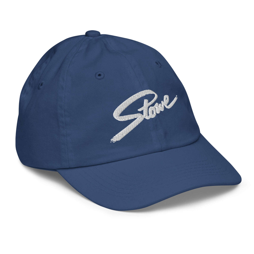 Stowe Youth Baseball Cap showcasing Mtns Co Trail Map Logo, perfect for kids at ski resorts.