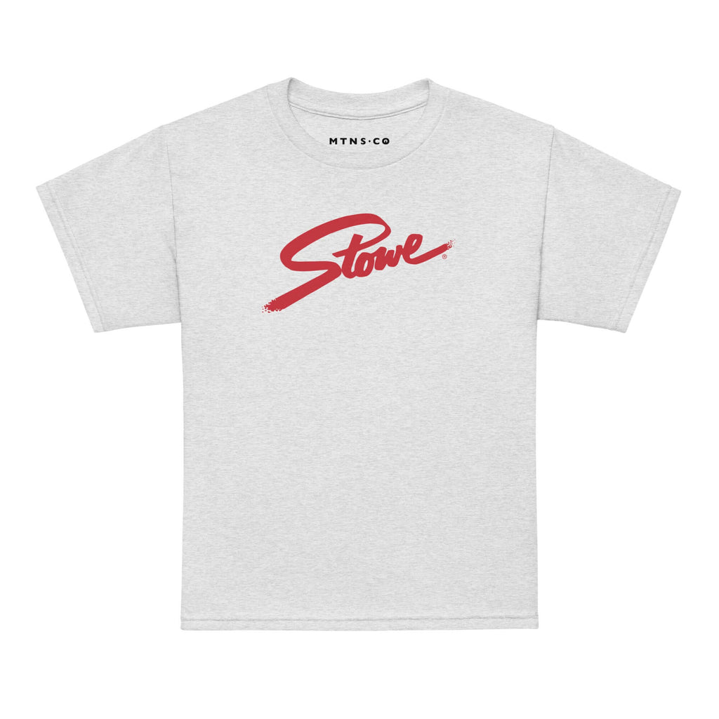 Stowe Youth T-Shirt featuring Mtns Co logo, official licensed ski resort apparel, perfect for kids who love Stowe.