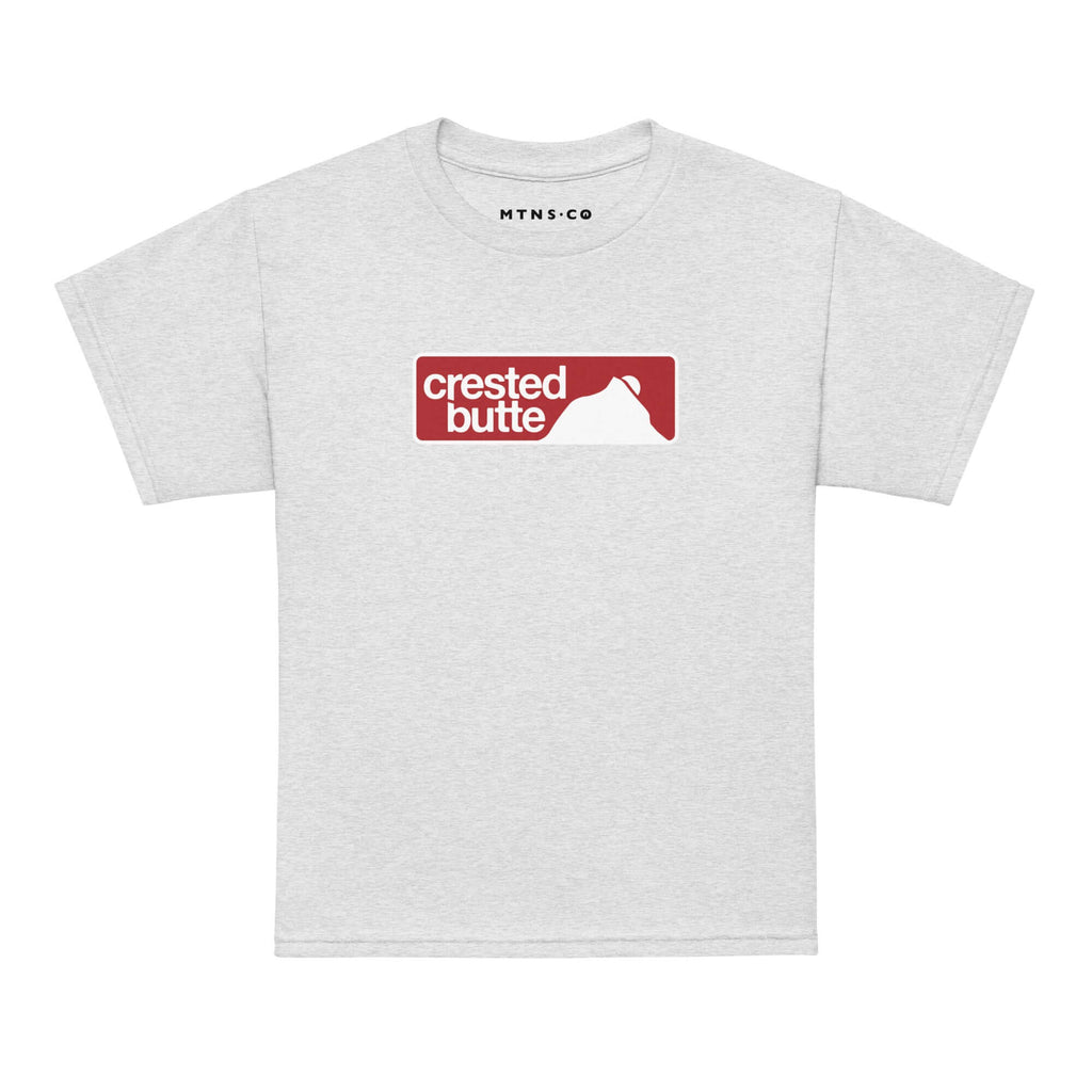 Crested Butte Youth T-Shirt from Mtns Co featuring trail map logo, perfect for showing love for the ski resort.